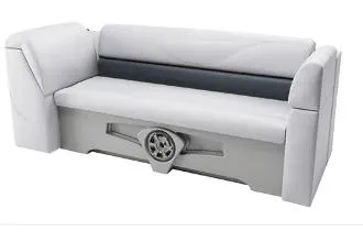 Slide: The Image of 2026 Avalon VLS Quad Lounge pontoon boat in a showroom, showcasing sleek design and modern features. - 1