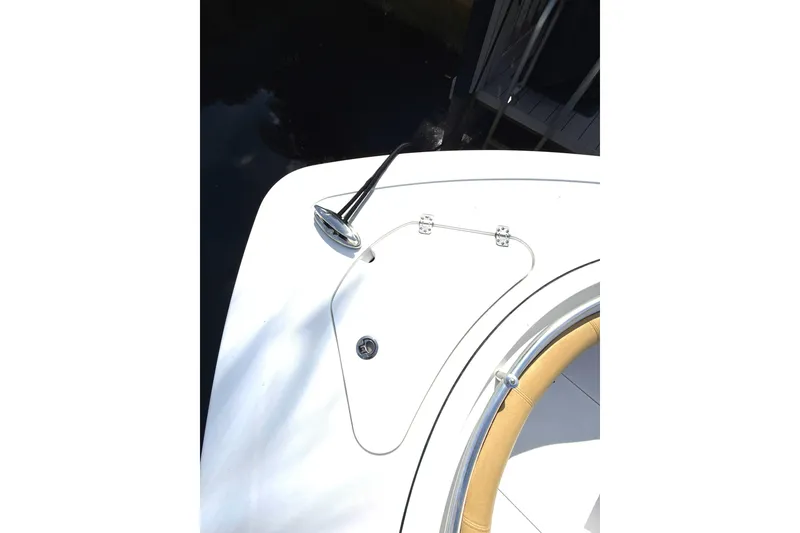 Slide: The Image of 2023 Sportsman Open 352 Center Console boat deck detail with chrome fittings. - 20