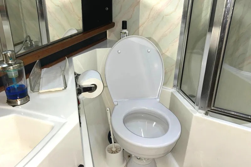 Slide: The Image of Bathroom interior of 1989 Bayliner 4588 Pilothouse yacht, featuring toilet and shower. - 52
