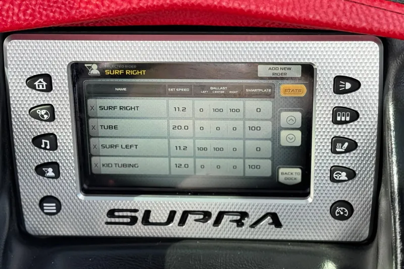 Slide: The Image of 2014 Supra SA350 control panel displaying surf and tubing settings. - 37
