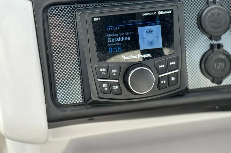 Slide: The Image of Close-up of a Rockford Fosgate stereo system in a 2023 Viaggio Diamante 23E boat. - 26