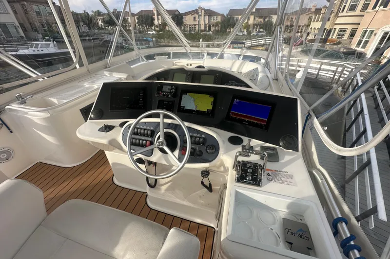 Slide: The Image of 2007 Riviera Sport Fisherman boat cockpit with advanced navigation and control systems. - 25