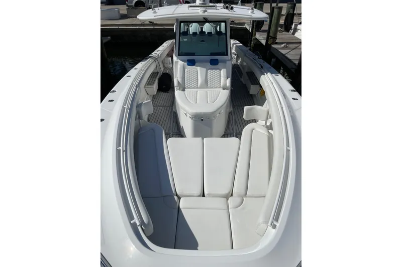 Slide: The Image of 2019 HCB 42 Siesta boat with spacious deck and modern amenities. - 14