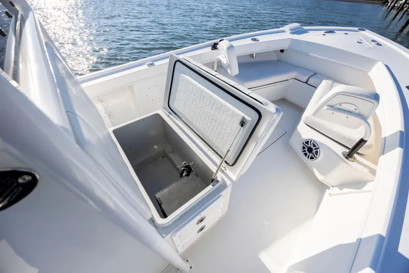 Slide: The Image of 2023 Pair Customs 24 Center Console DV boat interior with open storage compartment. - 19