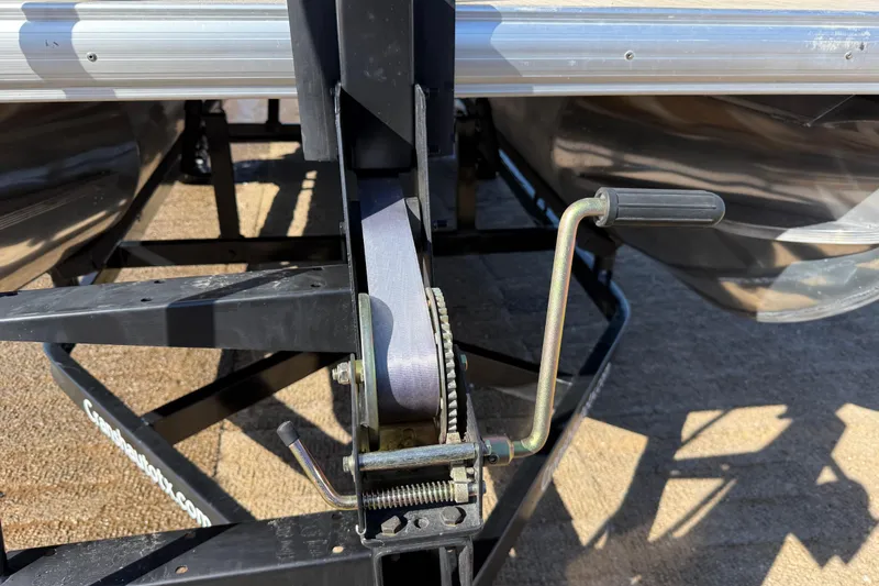 Slide: The Image of 2018 Sun Tracker Party Barge 18 DLX trailer, black frame, Cransautotx.com branding. - 63