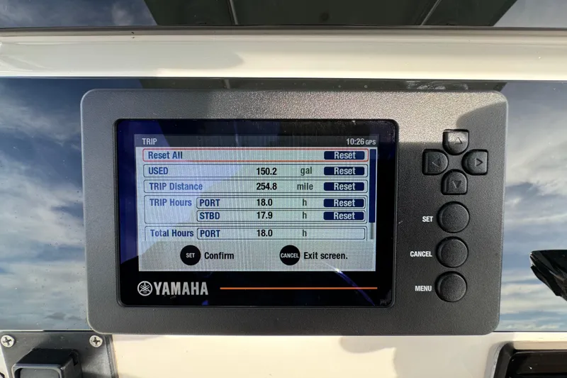 Slide: The Image of Yamaha display on 2015 Century 2600 CC showing trip data and fuel usage. - 44
