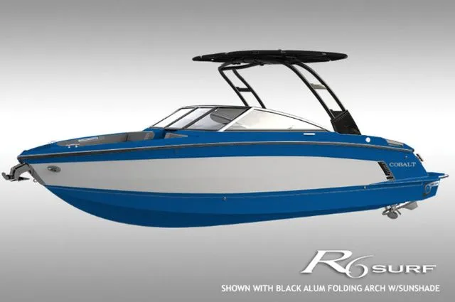 Slide: The Image of 2026 Cobalt R6 Surf boat with black aluminum folding arch and sunshade. - 49