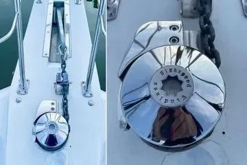 Slide: The Image of 1991 Carver 42 Aft Cabin Motor Yacht interior with seating and kitchenette. - 7