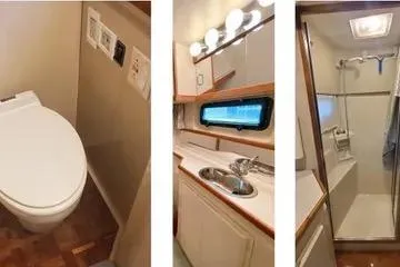 Slide: The Image of 1991 Carver 42 Aft Cabin Motor Yacht bedroom with pineapple-themed bedding. - 14