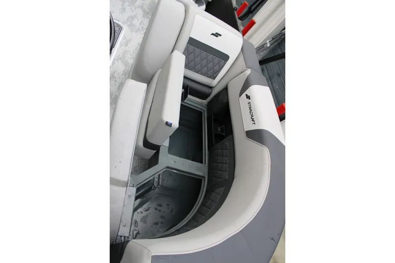 Slide: The Image of 2026 Starcraft SLS 3 Q DH boat interior with gray and white seating. - 6