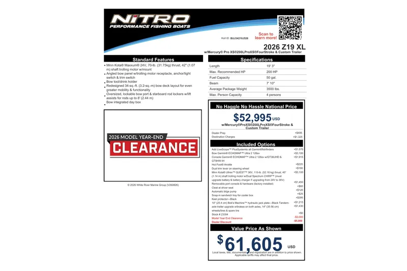 Slide: The Image of 2026 Nitro Z19 XL fishing boat flyer with specifications, features, and clearance pricing details. - 24
