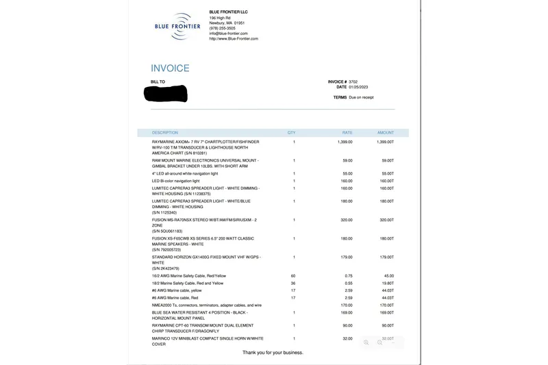 Slide: The Image of Invoice from Blue Frontier LLC detailing marine electronics and accessories for a 2003 Palm Beach 22 Dual Console. - 18
