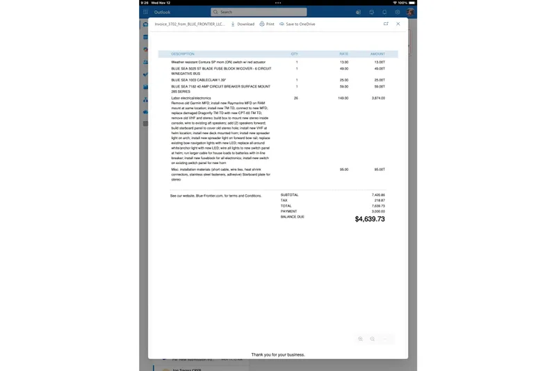 Slide: The Image of Invoice for boat electronics and labor services, balance due $4,639.73, Palm Beach 2003 model. - 19