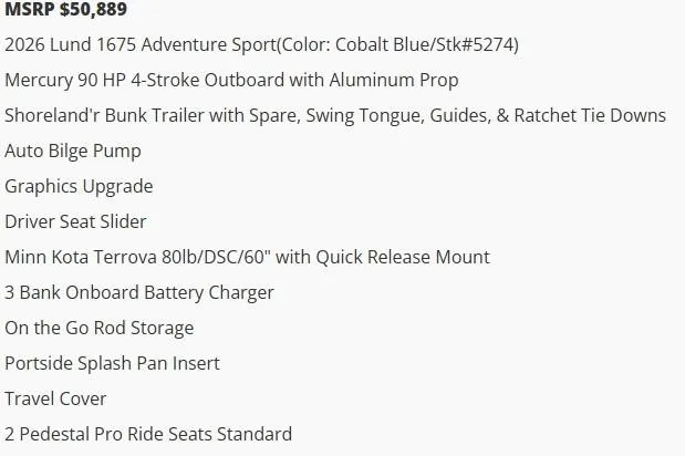 Slide: The Image of 2026 Lund 1675 Adventure Sport boat features and pricing details. - 4