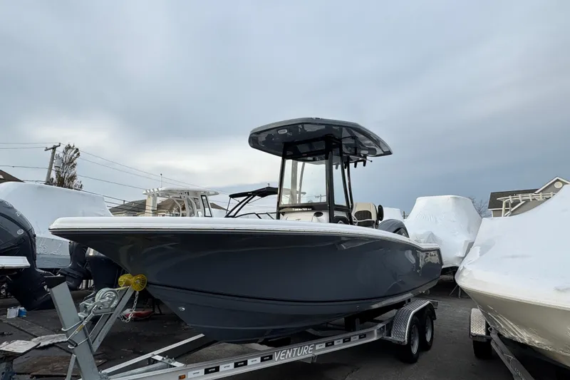 The Image of 2026 Tidewater 220 LXF boat on trailer, parked outdoors under cloudy sky. - 1