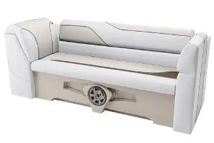 Slide: The Image of 2026 Avalon Venture Versatile Rear Bench boat interior with modern seating and steering console. - 2