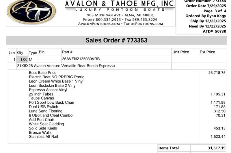 Slide: The Image of Sales order for 2026 Avalon Venture Versatile Rear Bench, detailing features and pricing. - 8