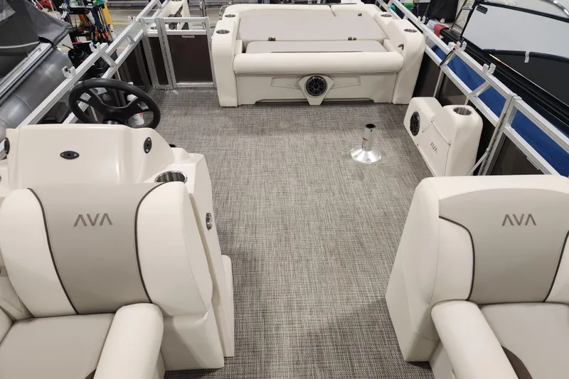 Slide: The Image of Luxurious interior of 2026 Avalon Venture Versatile Rear Bench pontoon boat. - 9