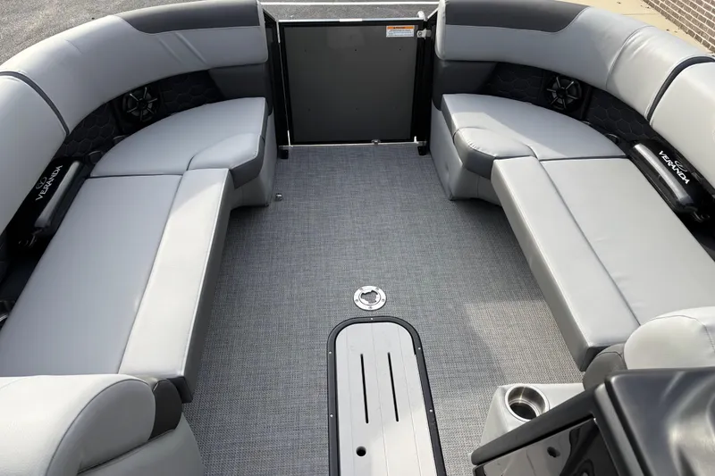 Slide: The Image of 2026 Veranda Relax VR 235 VLI pontoon boat interior with gray seating and flooring. - 9