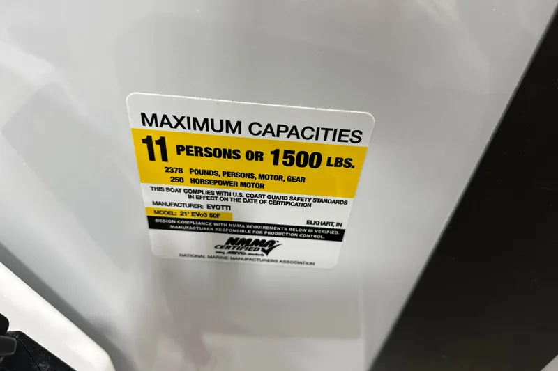 Slide: The Image of Evotti 521CS 2026 boat capacity label: 11 persons or 1500 lbs, 250 horsepower. - 15