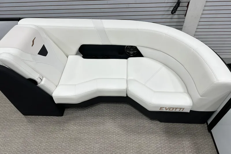 Slide: The Image of Luxurious white seating in a 2026 Evotti 521CS boat, featuring sleek design and comfort. - 18