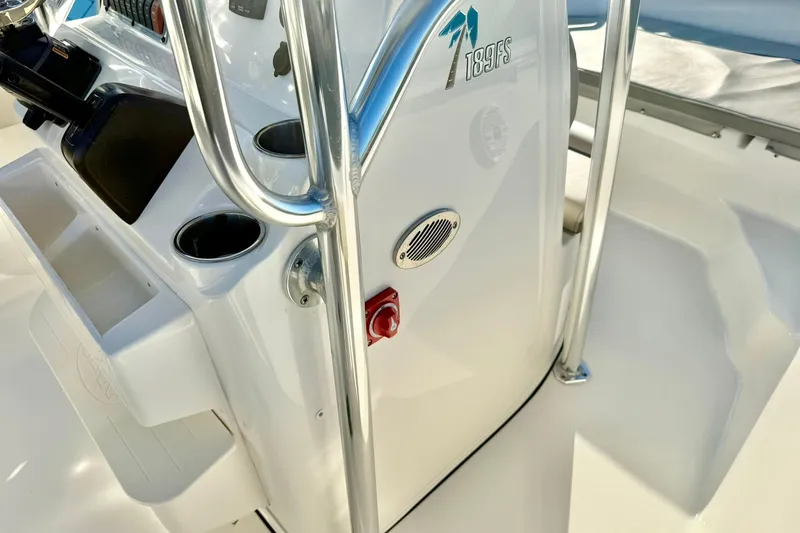 Slide: The Image of 2023 Key West 189 FS boat console with cup holders and control panel. - 21