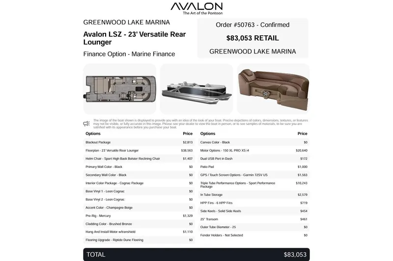 Slide: The Image of Avalon LSV VRL 2385 TripleToon with Patio Pad, 2026 model, $83,053 retail price breakdown. - 12