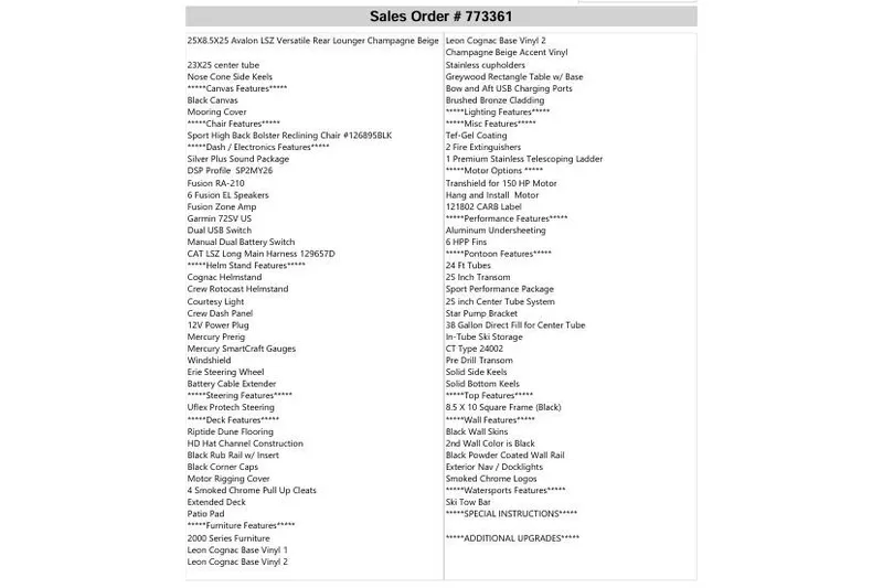 Slide: The Image of Sales order details for 2026 Avalon LSV VRL 2385 TripleToon with Patio Pad. - 14