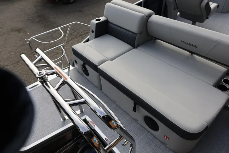 Slide: The Image of Luxurious seating on 2026 Harris CRUISER 230 SL pontoon boat, featuring sleek design and comfort. - 16