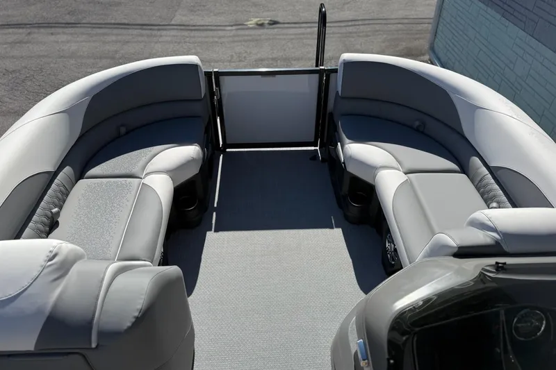 Slide: The Image of 2026 Avalon 2385 LSZ QLS boat interior with gray seating and open deck layout. - 13