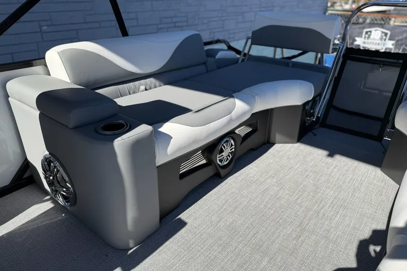 Slide: The Image of Luxurious seating on 2026 Avalon 2385 LSZ QLS pontoon boat with modern design and speakers. - 7