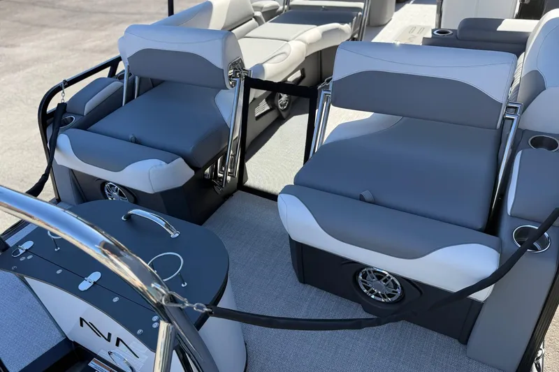 Slide: The Image of 2026 Avalon 2385 LSZ QLS boat interior with gray seating and modern design. - 9