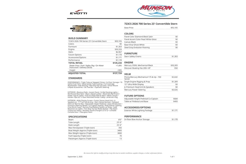 Slide: The Image of Evotti 723CS 2026 boat specifications and pricing details, featuring engine, helm, and accessories. - 11