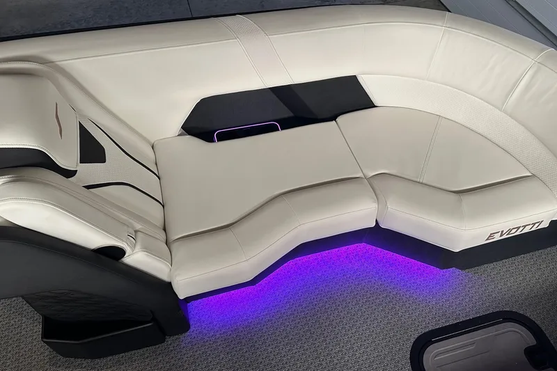 Slide: The Image of Luxurious Evotti 723 CS boat seating with ambient purple lighting, 2026 model. - 26