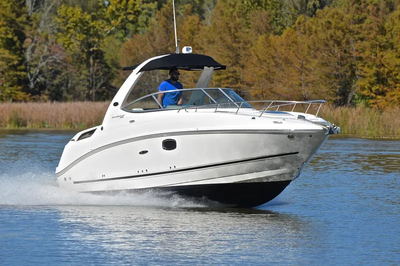 The Image of 2011 Sea Ray 260 Sundancer cruising on a serene lake with lush trees in the background. - 1