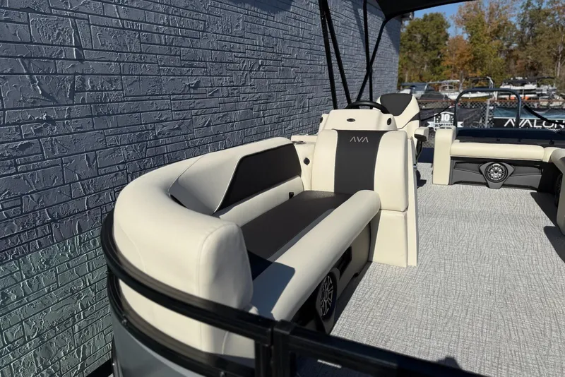 Slide: The Image of 2026 Avalon Venture 85 VRB 2385 pontoon boat interior with plush seating and modern design. - 10