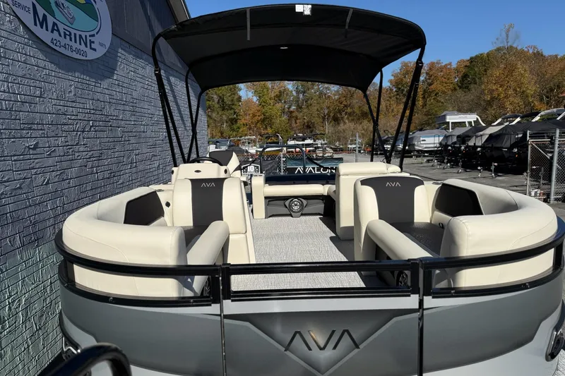 Slide: The Image of 2026 Avalon Venture 85 VRB 2385 pontoon boat with spacious seating and canopy. - 8