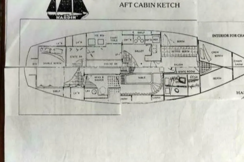 Slide: The Image of Floor plan of a 1980 Hardin 45 aft cabin ketch sailboat. - 4