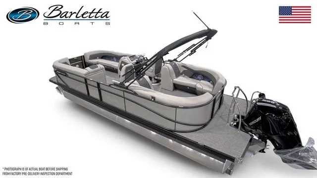 Slide: The Image of 2026 Barletta Cabrio 24QC pontoon boat with sleek design and powerful Mercury engine. - 3