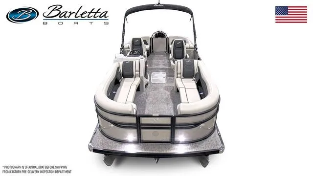 Slide: The Image of 2026 Barletta Cabrio 24QC pontoon boat, spacious seating, elegant design, American flag, white background. - 6
