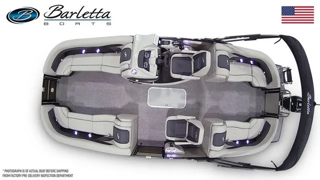 Slide: The Image of 2026 Barletta Boats Cabrio 24QC pontoon, top view, spacious seating, elegant design. - 7
