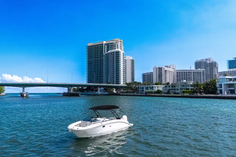 Slide: The Image of 2021 Yamaha AR250 boat on water with city skyline and bridge in background. - 10