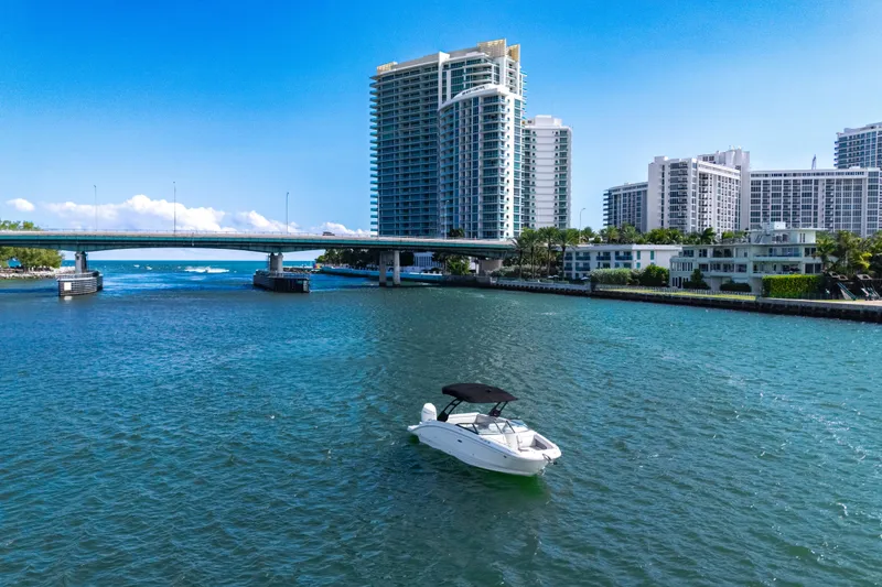Slide: The Image of 2021 Yamaha AR250 boat on water with cityscape and bridge in the background. - 13