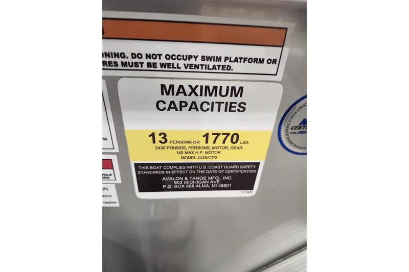 Slide: The Image of Capacity label for Avalon LSZ 2385 Entertainer, 2026 model, showing 13-person or 1770 lbs limit. - 13