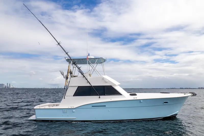 The Image of 1978 Hatteras 42 Convertible yacht on open water under a partly cloudy sky. - 0