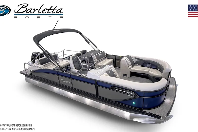Slide: The Image of 2026 Barletta Cabrio 24UE pontoon boat with sleek design and spacious seating. - 5