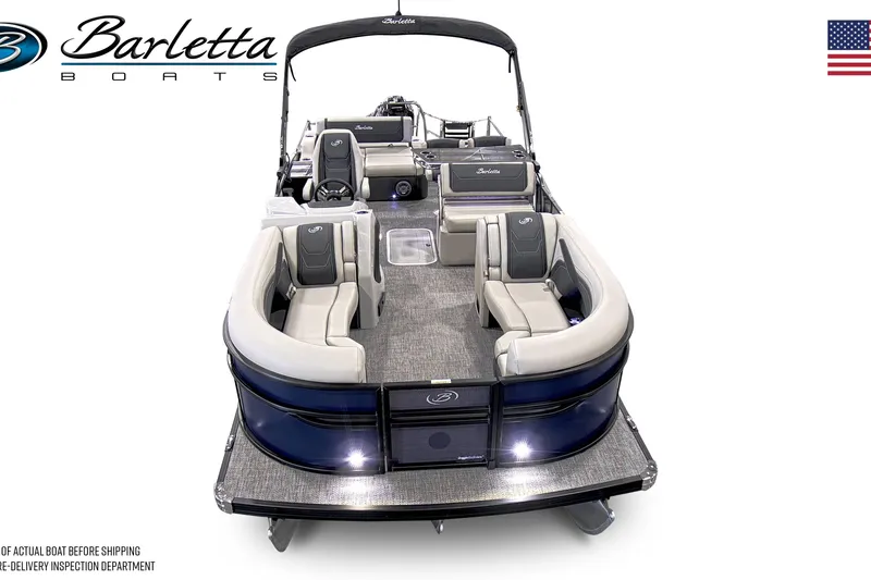 Slide: The Image of 2026 Barletta Cabrio 24UE pontoon boat with luxurious seating and sleek design. - 6
