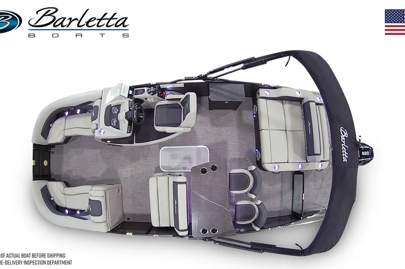 Slide: The Image of 2026 Barletta Cabrio 24UE pontoon boat, top view, showcasing spacious seating and modern design. - 7
