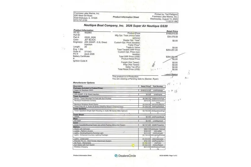Slide: The Image of 2026 Nautique Super Air Nautique GS22 product information sheet with pricing and options. - 9