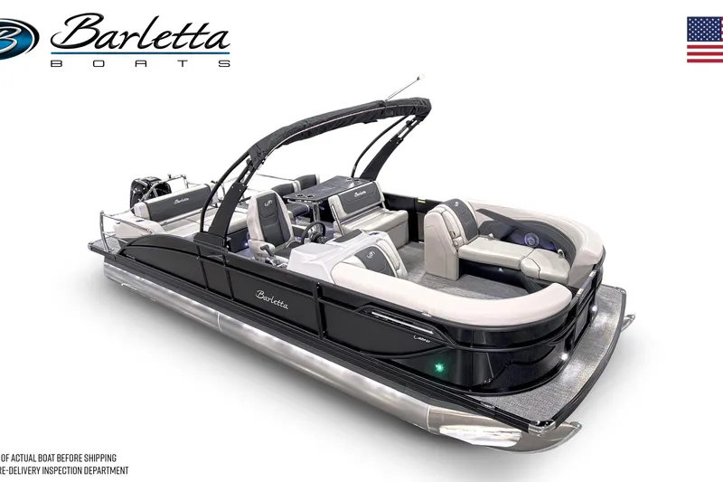 Slide: The Image of 2026 Barletta Cabrio 24UE pontoon boat with sleek design and luxurious seating. - 2